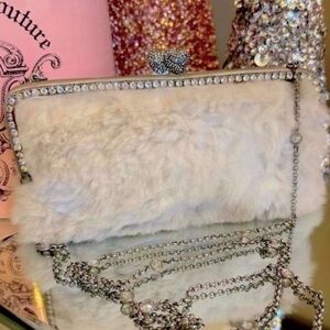 Juicy Couture White Fur Clutch with Rhinestone Accents